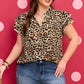 Khaki Plus Size Leopard Print Stitch Detail Ruffled Short Sleeve Blouse