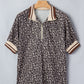 Khaki Leopard Print Half Zip Striped Trim Patchwork Short Sleeve Top