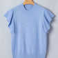 Beau Blue Solid Color Ribbed Trim Round Neck Ruffle Short Sleeve Sweater