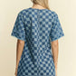 Sky Blue Frayed Hem Checkered Denim Mini Dress