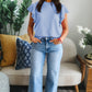 Beau Blue Solid Color Ribbed Trim Round Neck Ruffle Short Sleeve Sweater
