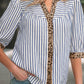 Sky Blue Stripe Leopard Trim V Neck Button Down Half Sleeve Shirt