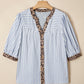 Sky Blue Stripe Leopard Trim V Neck Button Down Half Sleeve Shirt