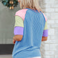 Blue Twisted Ribbed Color Block Patchwork Henley Short Sleeve T Shirt