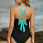 Black Floral Textured Neon Trim V Neck Crisscross Backless Tankini Set
