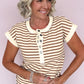 Khaki Stripe Half Buttons Round Neck T Shirt