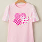 Light Pink Three Sweet Hearts Printed Sequin Trim Contrast Sleeve Patchwork Tee