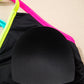 Black Floral Textured Neon Trim V Neck Crisscross Backless Tankini Set