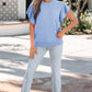 Beau Blue Solid Color Ribbed Trim Round Neck Ruffle Short Sleeve Sweater