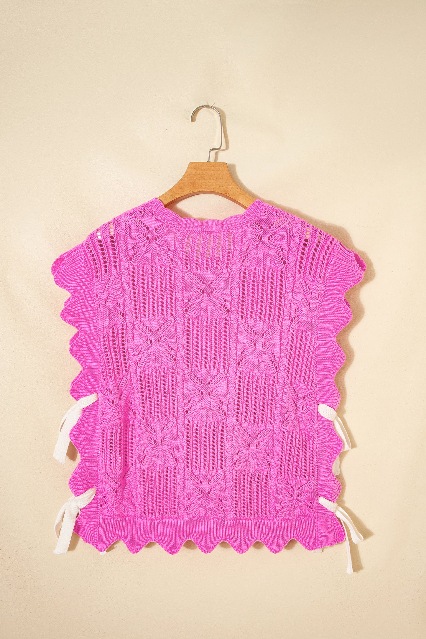Bonbon Pointelle Knit Patterned Scalloped Trim Short Sleeve Sweater
