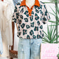 Casual Unique Leopard Print Button Contrast Collared Short Sleeve Blouse