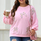 Light Pink Embroidered Bow Lantern Sleeve Oversized Pullover Sweatshirt