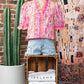 Pink Poppy Flower Striped Print Color Block Trim V Neck Short Sleeve Blouse