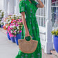 Green Floral Print Split Neck Shirred High Waist Ruffle Hem Maxi Dress