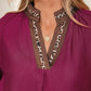 Violet Leopard Trim V Neck Flounced Bracelet Sleeve Blouse