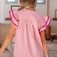Rose Stripe Shirred Yoke Ruffled Short Sleeve Blouse