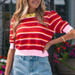 Red Stripe Colorblock Trim Half Sleeve Sweater Top