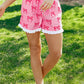 Pink Bow Print Striped Patchwork Elastic Waist Lace Trim Loose Shorts