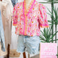 Pink Poppy Flower Striped Print Color Block Trim V Neck Short Sleeve Blouse
