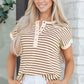 Khaki Stripe Half Buttons Round Neck T Shirt