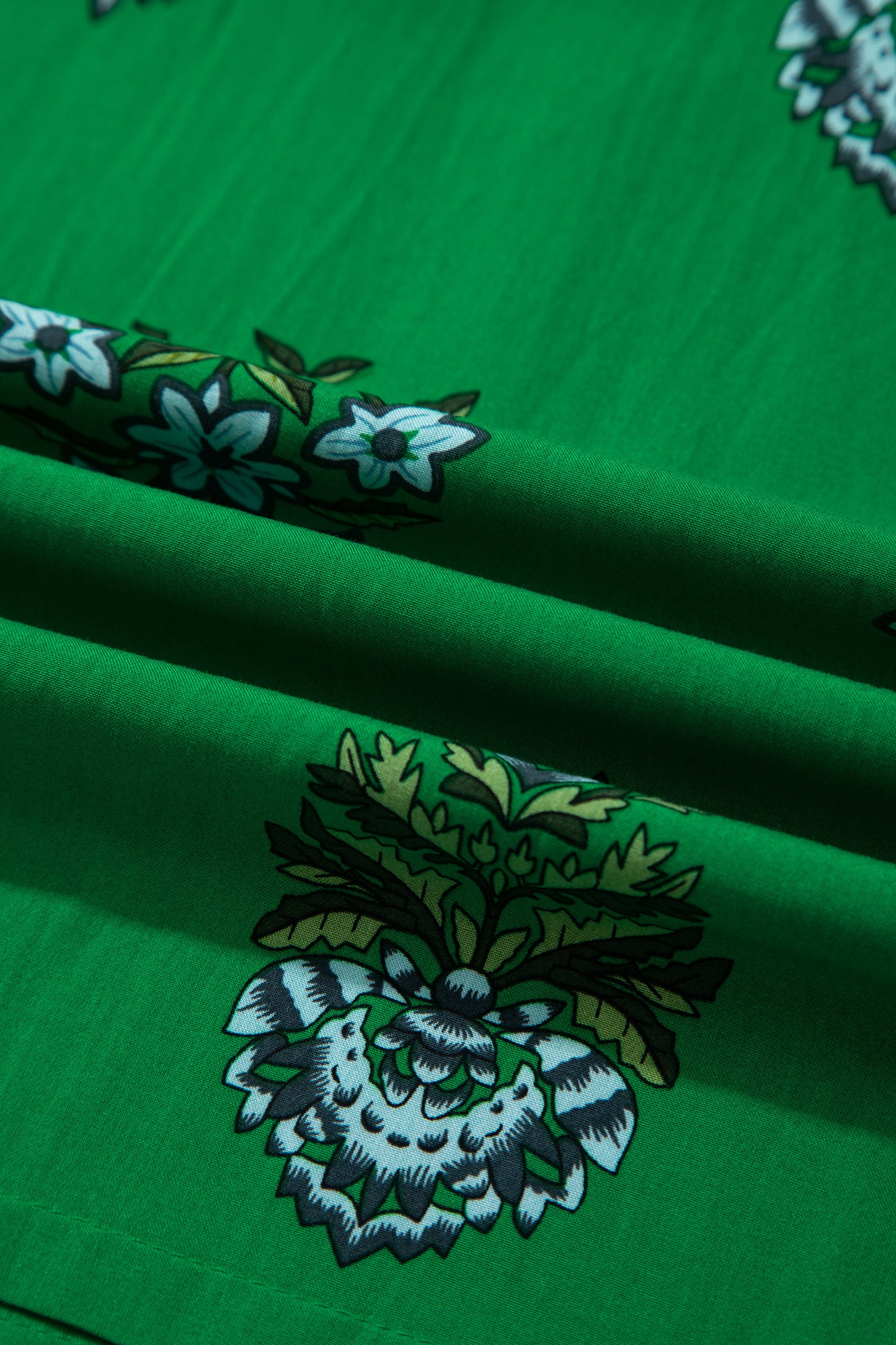 Green Floral Print Split Neck Shirred High Waist Ruffle Hem Maxi Dress