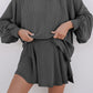 Dark Grey Corded Lantern Sleeve Top High Waist Ruffled Mini Skort Set