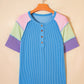 Blue Twisted Ribbed Color Block Patchwork Henley Short Sleeve T Shirt
