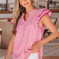 Rose Stripe Shirred Yoke Ruffled Short Sleeve Blouse