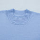 Beau Blue Solid Color Ribbed Trim Round Neck Ruffle Short Sleeve Sweater