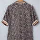 Khaki Leopard Print Half Zip Striped Trim Patchwork Short Sleeve Top