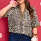 Brown Plus Size Leopard Print Crinkled Colorblock Patchwork V Neck Blouse