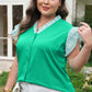 Dark Green Plus Size Button Front Ruffled Stripe Trim V Neck Flutter Sleeve Blouse