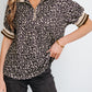 Khaki Leopard Print Half Zip Striped Trim Patchwork Short Sleeve Top