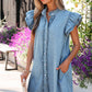 Myosotis Frilled Detail Button Down Ruffle Short Sleeve Denim Mini Dress