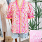 Pink Poppy Flower Striped Print Color Block Trim V Neck Short Sleeve Blouse
