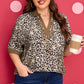 Brown Plus Size Leopard Print Crinkled Colorblock Patchwork V Neck Blouse