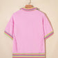 Pink Rainbow Stripe Ribbed Patchwork Raw Seam Oversize Polo Tee