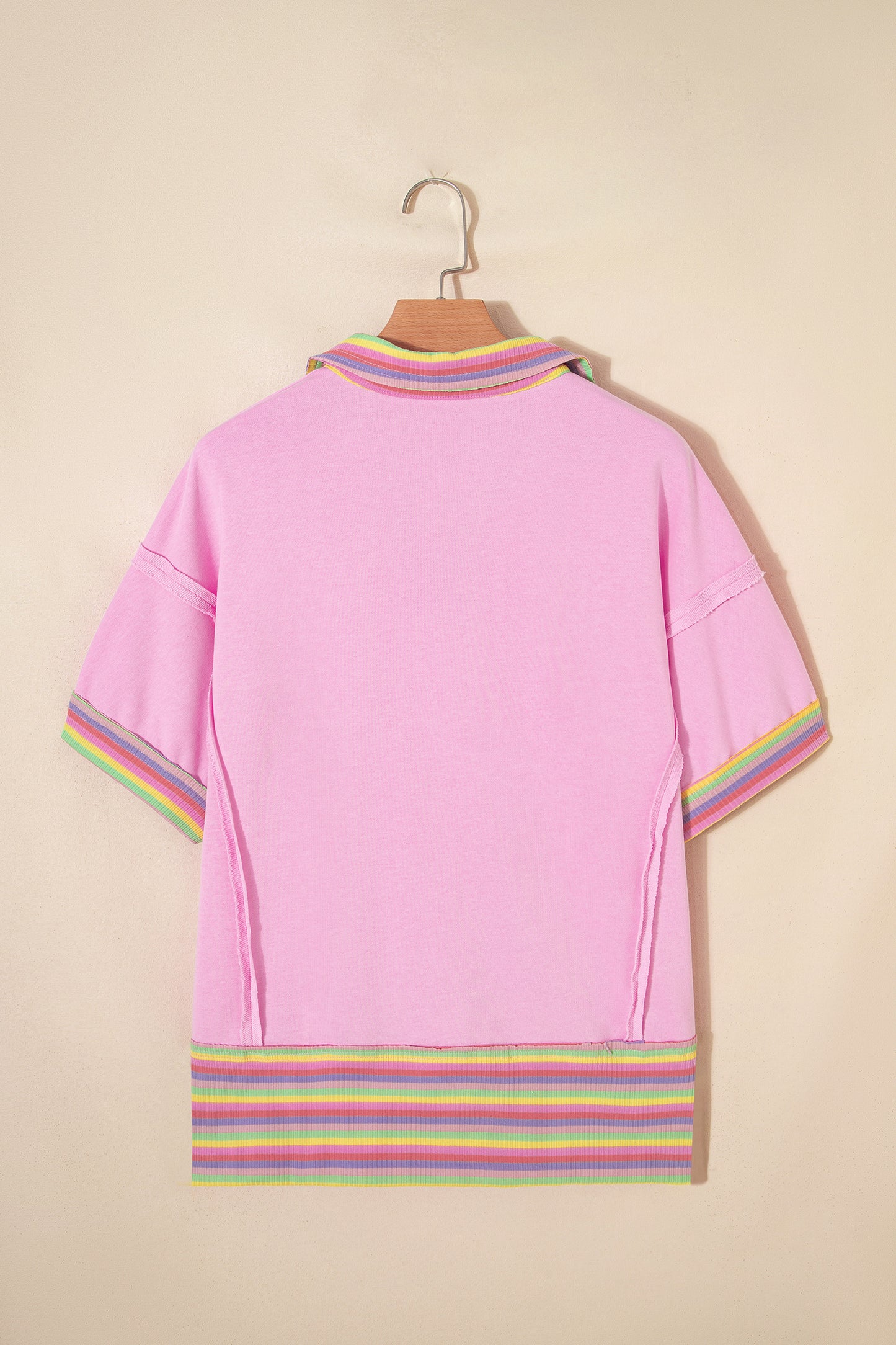 Pink Rainbow Stripe Ribbed Patchwork Raw Seam Oversize Polo Tee