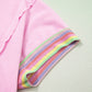Pink Rainbow Stripe Ribbed Patchwork Raw Seam Oversize Polo Tee