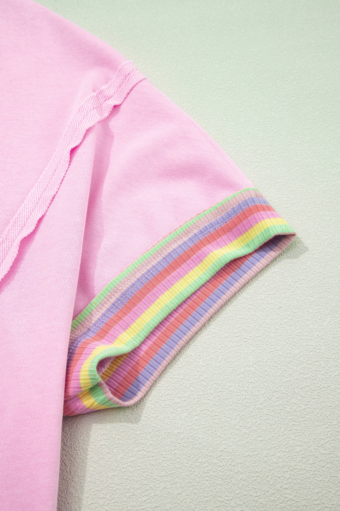 Pink Rainbow Stripe Ribbed Patchwork Raw Seam Oversize Polo Tee