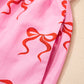 Pink Bow Print Striped Patchwork Elastic Waist Lace Trim Loose Shorts