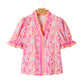 Pink Poppy Flower Striped Print Color Block Trim V Neck Short Sleeve Blouse
