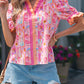 Pink Poppy Flower Striped Print Color Block Trim V Neck Short Sleeve Blouse