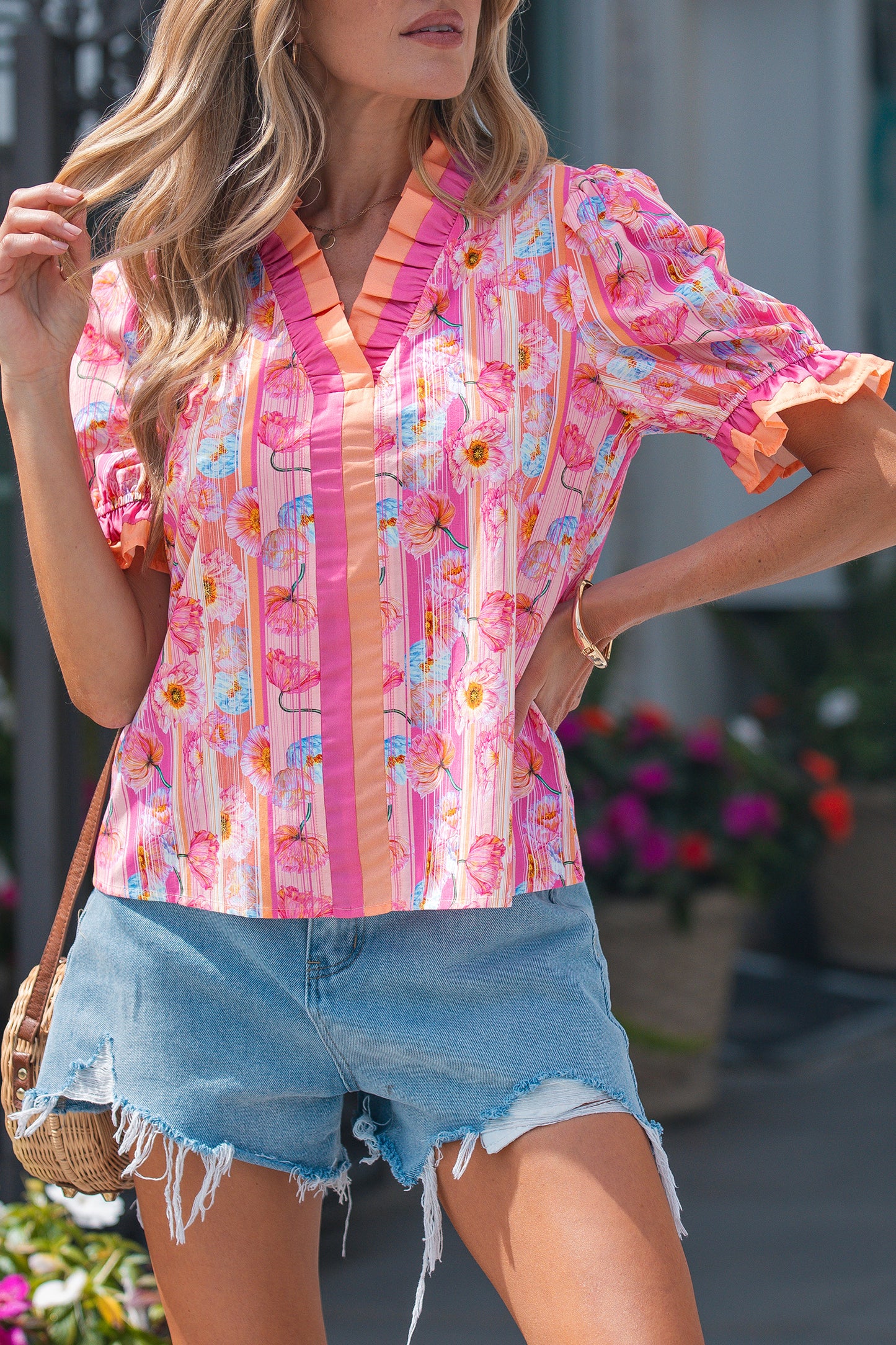 Pink Poppy Flower Striped Print Color Block Trim V Neck Short Sleeve Blouse