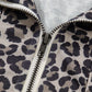 Khaki Leopard Print Half Zip Striped Trim Patchwork Short Sleeve Top