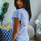 Beau Blue Solid Color Ribbed Trim Round Neck Ruffle Short Sleeve Sweater