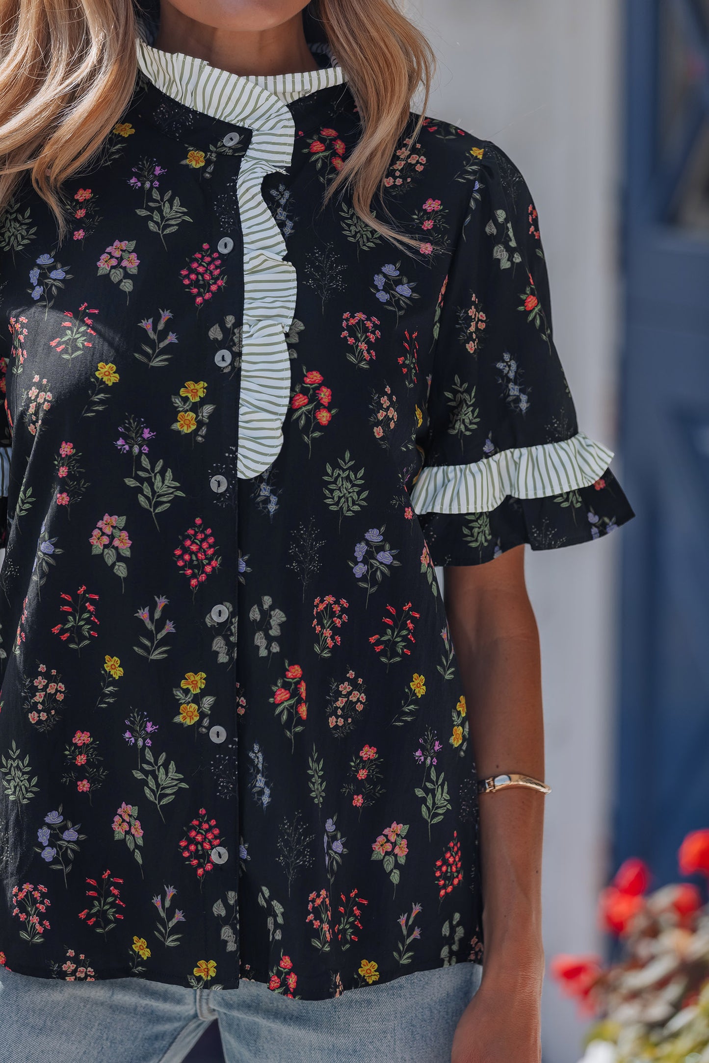 Black Contrast Frilled Trim Short Sleeve Floral Shirt