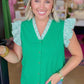 Dark Green Plus Size Button Front Ruffled Stripe Trim V Neck Flutter Sleeve Blouse