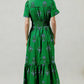 Green Floral Print Split Neck Shirred High Waist Ruffle Hem Maxi Dress