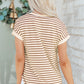 Khaki Stripe Half Buttons Round Neck T Shirt